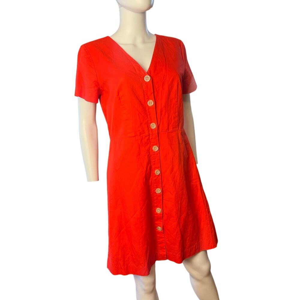 Ann Taylor Red Cotton Linen Button Front Short Sleeve A-Line Shirt Dress US 8